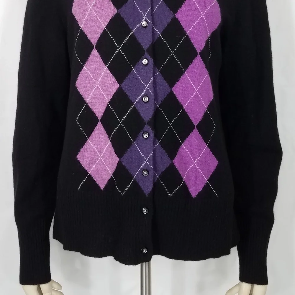 Apt. 9 black purple argyle Cashmere cardigan Large - Picture 3 of 8